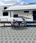 9x18 Reversible Outdoor Camping Rug Weatherproof Patio Mat For RV Beach Backyard Deck And Picnic Two Gray And White Patterns