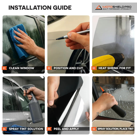 Installation guide for Premium Nano Ceramic Car Window Tint Roll 35 Percent VLT showing the step-by-step process.