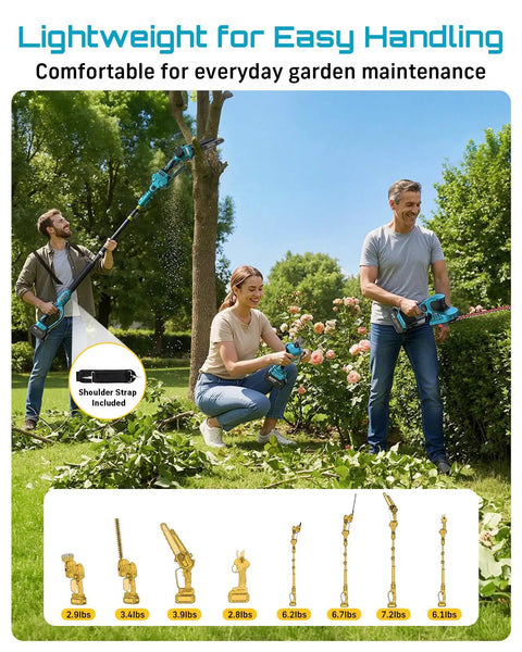 Couple using Cordless 8 In 1 Garden Tool Kit With Long Reach Pole Saw Hedge Trimmer Pruner And Grass Shears outdoors