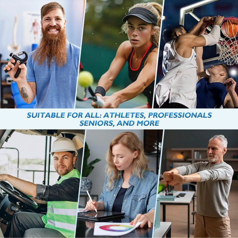 Collage of diverse people using grip strength trainer in various professional and sports settings