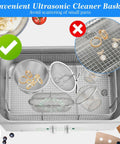 Heavy Lifting 304 Stainless Steel Ultrasonic Cleaner Basket Kit Packs Six Slick Mesh Trays with jewelry secured inside.