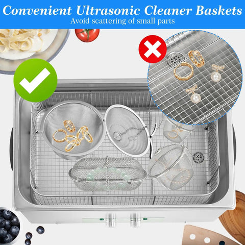 Heavy Lifting 304 Stainless Steel Ultrasonic Cleaner Basket Kit Packs Six Slick Mesh Trays with jewelry secured inside.