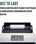 Heavy Duty Aluminum Vacuum Sealer Machine Delivers Beast Mode Suction Strength And Keeps Things Cool Under Pressure while showcasing control panel and sealing chamber.
