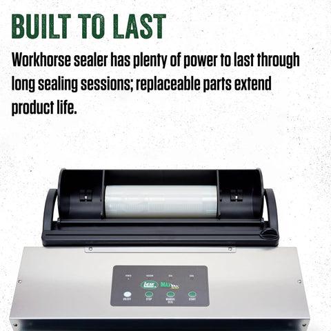 Heavy Duty Aluminum Vacuum Sealer Machine Delivers Beast Mode Suction Strength And Keeps Things Cool Under Pressure while showcasing control panel and sealing chamber.
