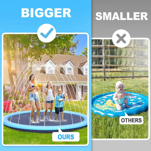 Comparison of Extra Large 67 Inch Non Slip Splash Pad With Sprinkler Kid And Pet Friendly Thickened Epic Backyard Water Toy next to a smaller pad.
