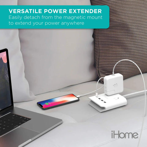 Power Reach Multi-Outlet Extender with 2 outlets, 4 USB ports, USB-C and USB-A, on couch charging devices, slim white design