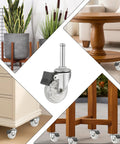 Two Inch Swivel Caster Wheels Set Of Four With M8 38Mm Long Grip Neck Stem And Brake installed on furniture and a single wheel close-up