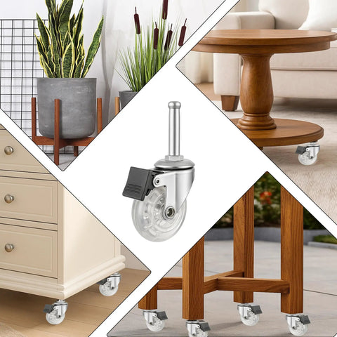 Two Inch Swivel Caster Wheels Set Of Four With M8 38Mm Long Grip Neck Stem And Brake installed on furniture and a single wheel close-up