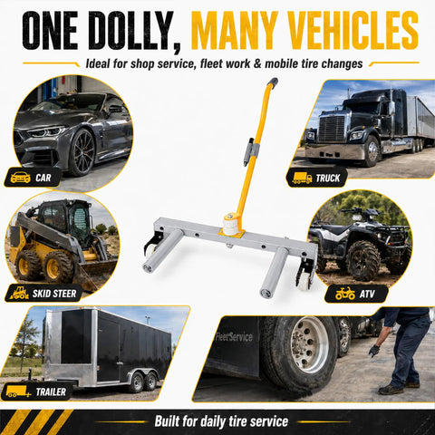 Rolling Wheel Dolly For Cars, Trucks, ATVs, Skid Steers And Trailers, A Workhorse With 485 Lb Capacity, Three Adjustable Rollers, Extra Long Rollers, Tire Lift And Removal Aid For Easy Wheel Changes, steel wheel dolly