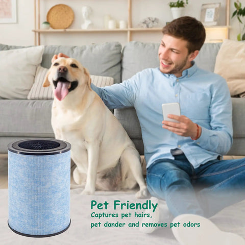 Air Purifier Filter Replacement For Instant AP300 3 In 1 H13 True HEPA With Activated Carbon And Antimicrobial Coating Plasma Ion Tech No Brainer Compare To F300 2 Pack Easy Fit For Cleaner Indoor Air next to smiling man and dog on couch