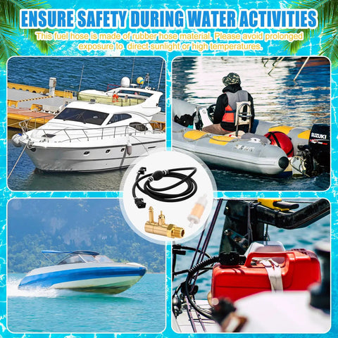 Outboard Fuel Line Hose Kit Five Sixteenth Inch Ten Feet With Primer Bulb And Quick Female Tank Connector Plus Fuel Filter Brass Tank Pro Grade Compatible With Yamaha Mercury Johnson OMC Motors 4 HP To 200 HP, displayed with boats and water activities.