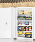 Tough As Nails Heavy Duty Steel Closet 72 Inch Tall Lockable Storage Cabinet With Four Adjustable Shelves, filled with tools and supplies.