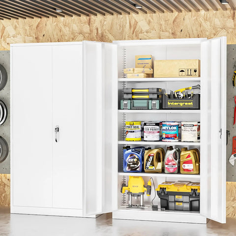 Tough As Nails Heavy Duty Steel Closet 72 Inch Tall Lockable Storage Cabinet With Four Adjustable Shelves, filled with tools and supplies.