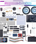 Hands On DIY Self Balancing Robot Car Kit For STEM Practice With ESP32 Board Ultrasonic Obstacle Avoidance And Soldering Practice WiFi And IR Dual Control Educational Electronics Kit For Teens And Kids 15 Plus components laid out with wheels, boards, sensors, wires, and battery