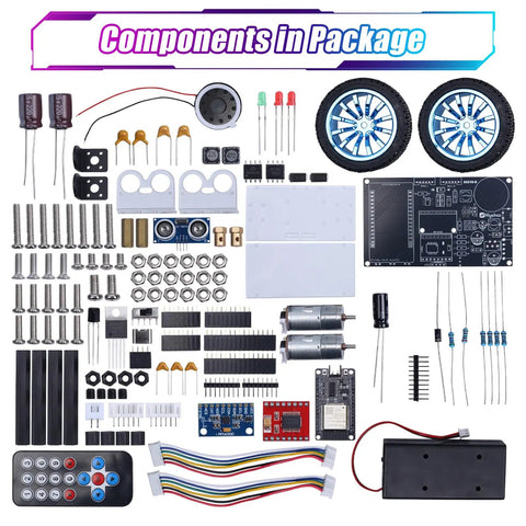 Hands On DIY Self Balancing Robot Car Kit For STEM Practice With ESP32 Board Ultrasonic Obstacle Avoidance And Soldering Practice WiFi And IR Dual Control Educational Electronics Kit For Teens And Kids 15 Plus components laid out with wheels, boards, sensors, wires, and battery