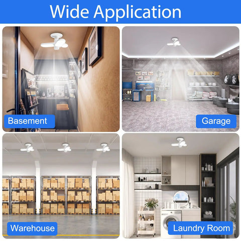LED Garage Ceiling Light With E26 Base And 3 Flexible Panels, 5000K Daylight, 30W installed in basement, garage, warehouse, laundry room