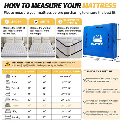 Guide on measuring your mattress for Mattress Bags For Moving And Storage Water Resistant Protector Cover For Queen Size Beds.