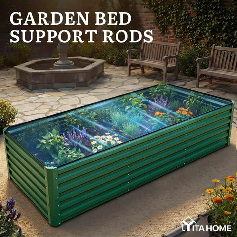 8x4x2ft Large Raised Garden Bed Kit With Galvanized Metal Planter Box And Included Gloves Ground Nails Support Rods Safety Rubber For Outdoor Above Ground Use Ideal For Vegetables Flowers And Plants Green shown in a garden setting.