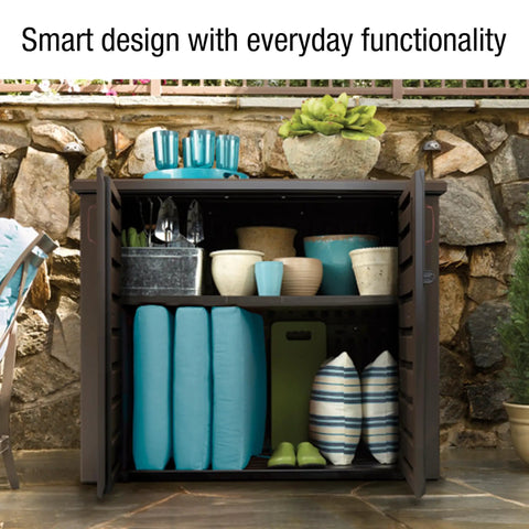 Decorative Outdoor Storage Cabinet 123 Gallon Weather Resistant Brown For Patio Garden Tools Toys Pool Supplies Cushions And More Ideal For Home Backyard Porch open showing interior storage.