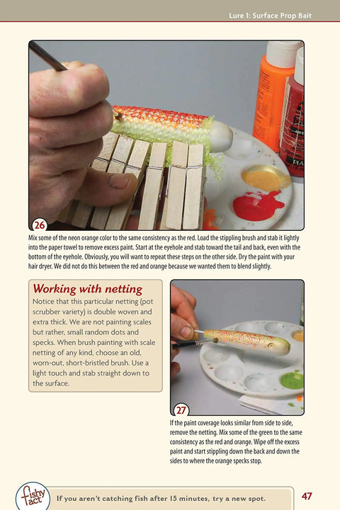 DIY Wooden Fishing Lure Crafting And Painting Guide featuring hand painting of lure with orange and green colors.