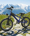 Blue kids mountain bike 20 and 24 inch for boys and girls ages 7 to 12 with 7 speed gear, dual disc brakes, front suspension fork.
