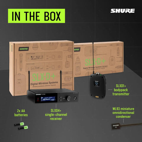 Box contents of Pro Rock Solid Wireless System With SLXD14+/93 Receiver And SLXD1+ Bodypack Transmitter With WL93 Lavalier Mic.