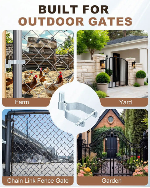 Heavy Duty Galvanized Steel Chain Link Gate Male Hinges With Five Eighths Pin For Two Three Eight Od Pipe shown in outdoor settings.