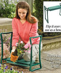 Woman using Garden Kneeler And Seat Flip Bench For Comfortable Outdoor Gardening With Thick Foam Cushion Sturdy Lightweight Frame Handy Handles To Stand Up Easy Converts From Kneeler To Seat In Seconds For Cushioned Kneeling Or Sitting