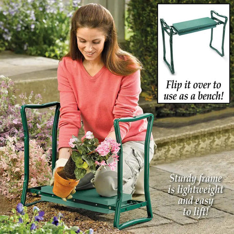 Woman using Garden Kneeler And Seat Flip Bench For Comfortable Outdoor Gardening With Thick Foam Cushion Sturdy Lightweight Frame Handy Handles To Stand Up Easy Converts From Kneeler To Seat In Seconds For Cushioned Kneeling Or Sitting