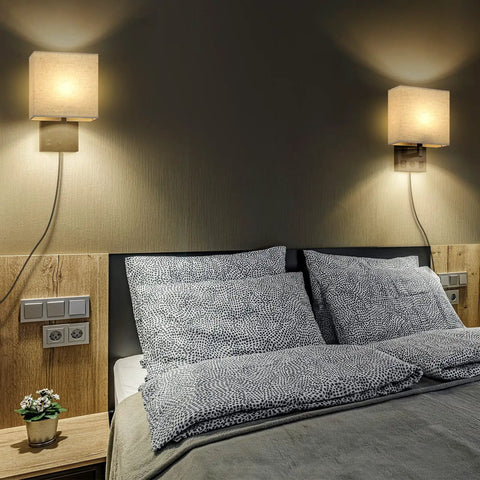 Set Of 2 Black Plug In Wall Sconces With USB Charging Ports And AC Outlet Wall Mounted Bedside Lamps in bedroom over bed