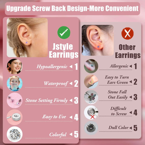 Flat Back Stud Earrings Set for Women and Girls, Hypoallergenic Stainless Steel, 16 Pairs of Tiny CZ Cartilage Studs in Star, Heart, Flower and Ball Styles, Minimalist Everyday Wear Earrings for All Occasions, screw-back design comparison