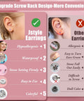 16 Pair Hypoallergenic Earrings Set For Girls And Women With Colorful Screw Back Ball Studs Including CZ Studs Stars Butterflies Flowers Hearts Nickel Free Safe For Sensitive Ears, screw-back design comparison