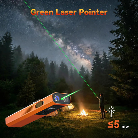 4 In 1 EDC Slim Flashlight With USB C Rechargeable Battery Magnetic Tail Cap UV Light Green Laser Pointer Red Strobe Waterproof Aluminum Body Pocket Clip Orange For Camping Night Walks And DIY Auto Repairs used as a green laser pointer in a forest camp setting.