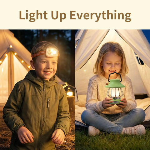 Kids Adventure Light Set With USB C Rechargeable Lantern And Motion Sensor Headlamp outdoors with children using lights