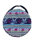 Slick Cotton Ikat Carry Case For Twenty Four Inch Shaman Drum In Bold Red Built Different With A Comfy Adjustable Strap top view with colorful woven design.