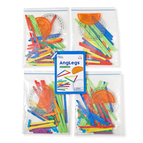 AngLegs Geometry Manipulatives Set With Protractors For Classroom Use, colorful plastic strips and tools for hands-on math learning.