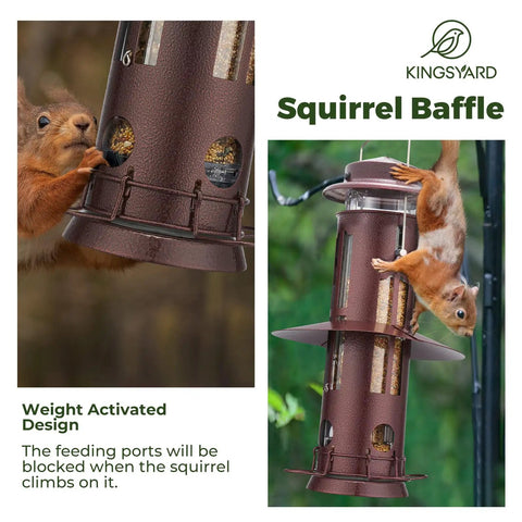 Squirrel Proof Bird Feeder With Weight Activated Perches, Heavy Duty Metal Outdoor Hanging Feeder, Antique Copper Finish with squirrel.