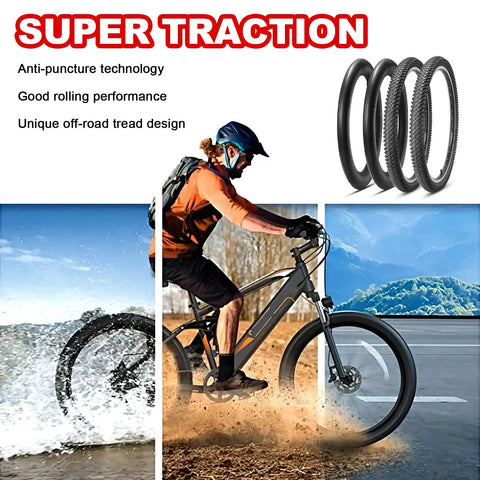 26 Inch Mountain Bike Tire Set 26x1.95 With Schrader Valve Inner Tubes, cyclist riding on rugged trail with mountain bike tires visible
