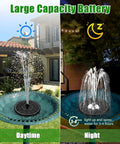 Upgraded 100 Percent Glass Solar Water Fountain With Three Point Five Watt Panel Built In 2000mAh Battery Easy Setup 7 Nozzles And 4 Fixers Outdoor Pond And Bird Bath Pump For Bright Dope Water Jets showing daytime and nighttime operation.