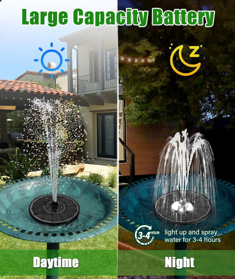 Upgraded 100 Percent Glass Solar Water Fountain With Three Point Five Watt Panel Built In 2000mAh Battery Easy Setup 7 Nozzles And 4 Fixers Outdoor Pond And Bird Bath Pump For Bright Dope Water Jets showing daytime and nighttime operation.