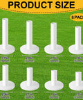 Durable Rubber Golf Tees 8 Pack Mixed Sizes For Mats And Driving Range, showing eight white tees, sizes 1.37in to 3.15in