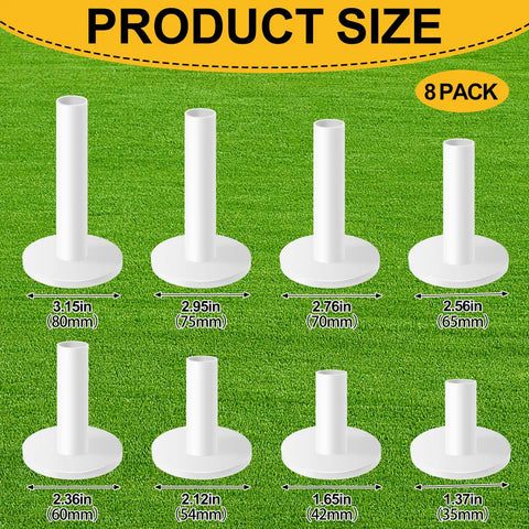 Durable Rubber Golf Tees 8 Pack Mixed Sizes For Mats And Driving Range, showing eight white tees, sizes 1.37in to 3.15in