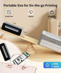 Slick Wireless Bluetooth Thermal Printer For Quick 4X6 Shipping Label with portable size specifications on a wooden shelf.
