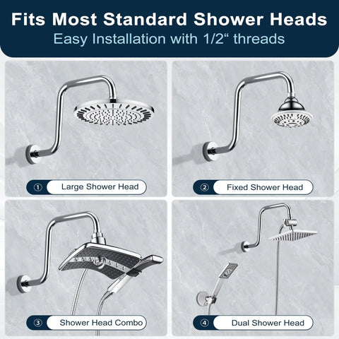 Various shower head setups using 13 Inch Shower Head Extension Arm With Flange S Shaped High Rise Extender Long Stainless Steel Rainfall Pipe Arm Chrome Finish For Taller Showers And Spa Like Waterfall Rain Shower.