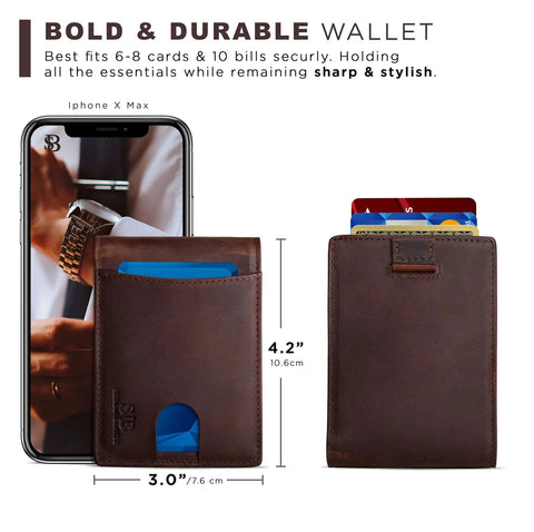 RFID Blocking Slim Bifold Leather Wallet For Men, front pocket minimalist billfold, showing card slots and dimensions