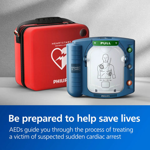 Front view of Philips HeartStart OnSite AED defibrillator (blue) with red standard carry case.