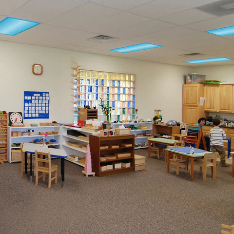 4 Pack Fluorescent Light Covers 4 By 2 Feet Magnetic Attachments Tranquil Blue Easy Install Flame Retardant Fabric in classroom