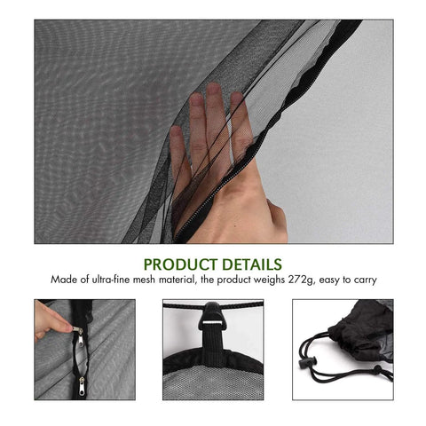 Camping Hammock Net With 360 Degree Mosquito Protection showing breathable polyester mesh and dual zipper access details