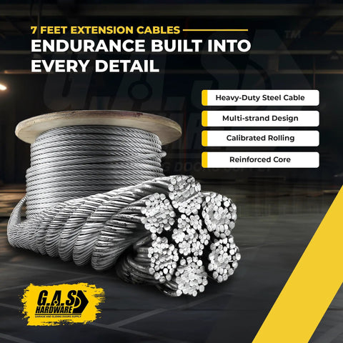 Beefy 130 Lb Yellow Double Looped Garage Door Extension Spring Bundle for 7 Ft Doors showing steel cables and pulleys