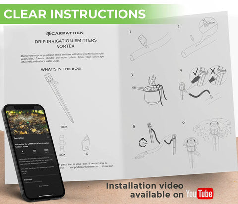 Instruction manual from One Hundred Drip Irrigation Emitters Vortex Fan Sprayer Kit For Gardens And Pots, clear assembly guide visible.